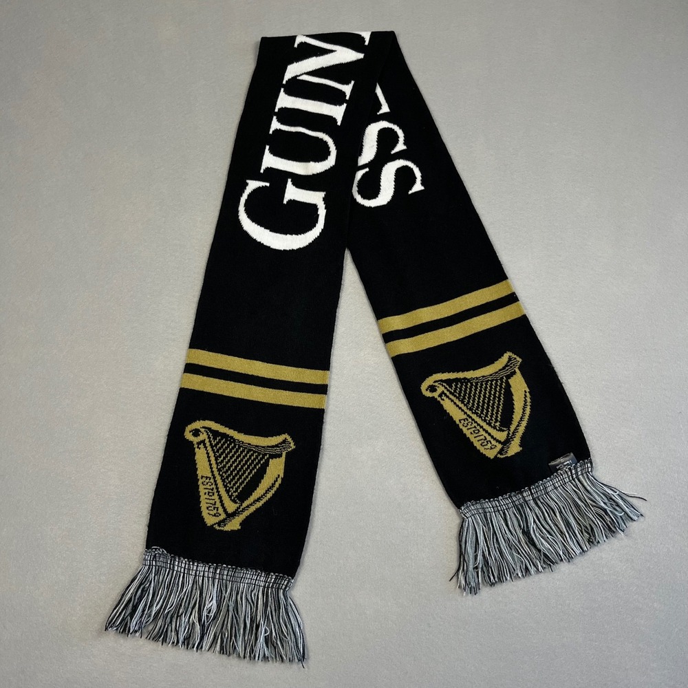 Guinness Mens Double Sided Knit Scarf Black Gold Logo Winter Fringe